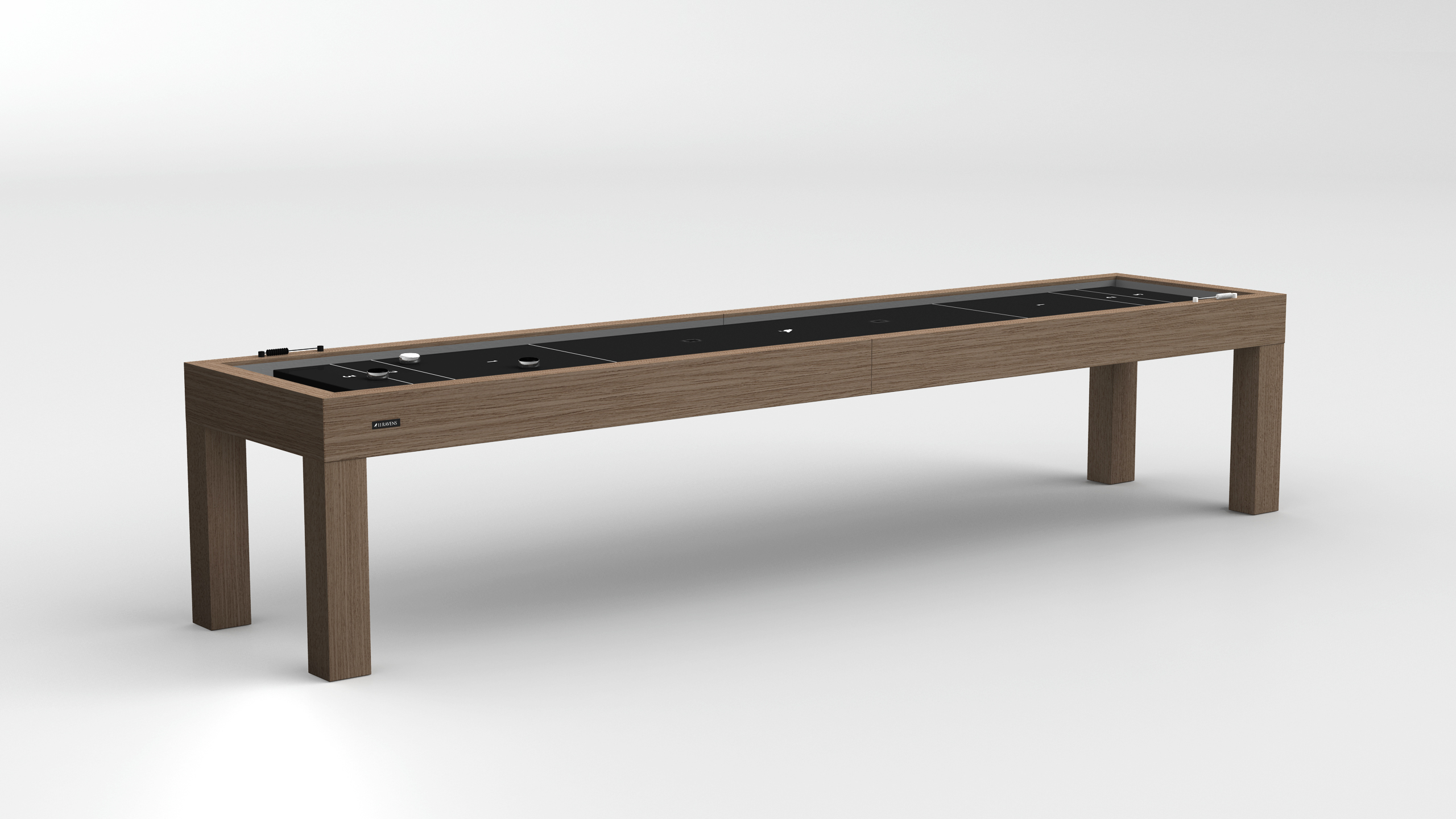 The Malibu Shuffleboard Table features a long, modern wooden frame and a black playing surface, shown against a plain white background.