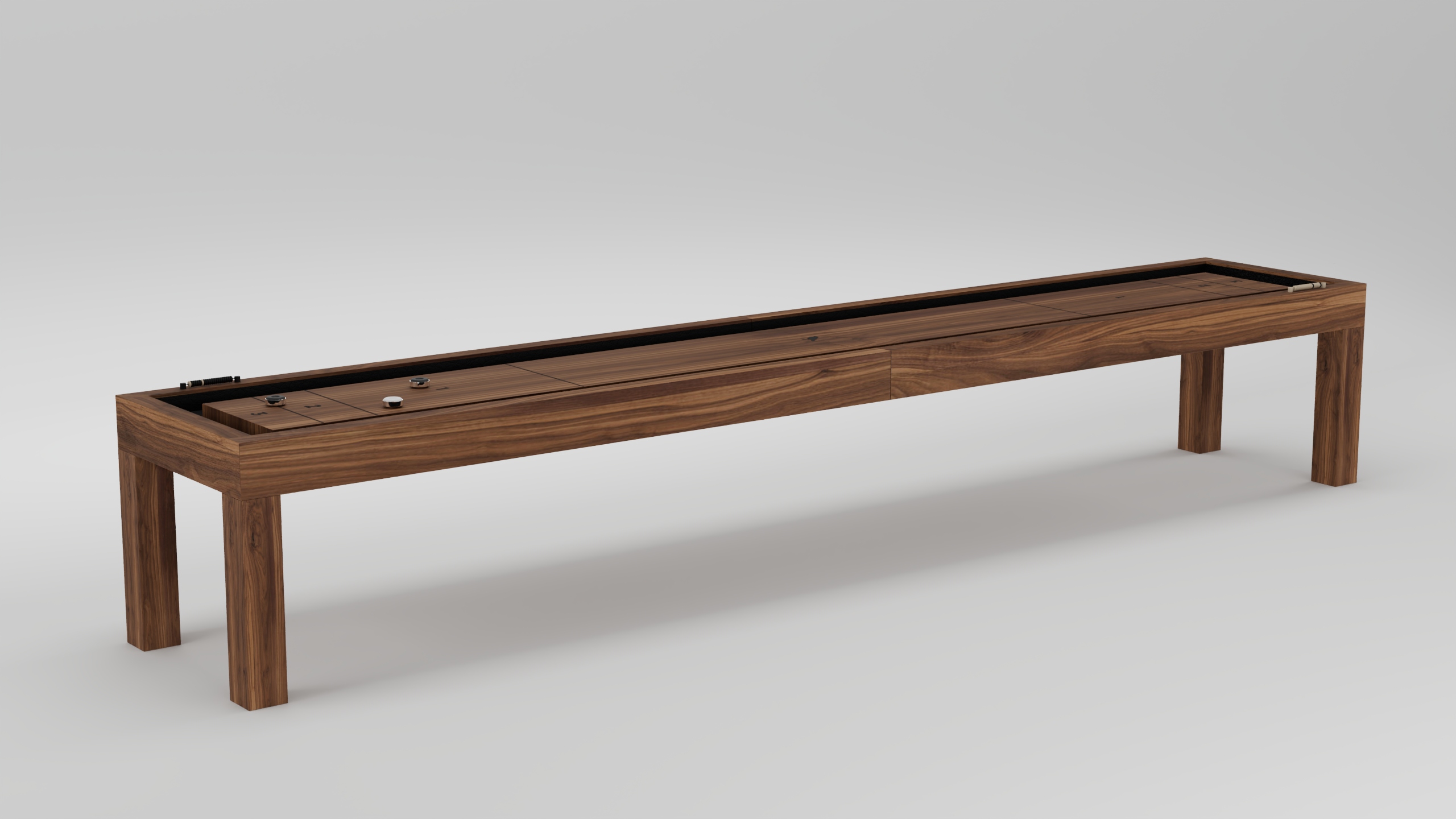 The Malibu Shuffleboard Table features a long wooden design with four sturdy legs, a smooth playing surface, metal pucks, and subtle grain detailing against a light background.