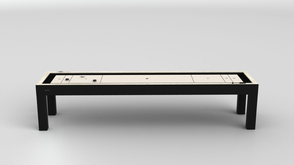 The Malibu Shuffleboard Table features a modern rectangular design with black legs, a light tabletop, minimalistic game board markings, and includes small game pieces.