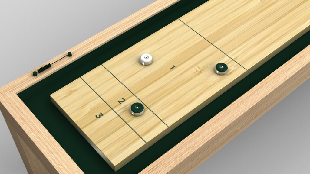 The Malibu Shuffleboard Table with a light wood surface displays three pucks—two green and one white—placed in scoring zones 1, 2, and 3.