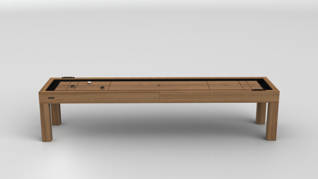 The Malibu Shuffleboard Table, featuring a smooth rectangular playing surface, sturdy four-leg design, end bumpers, and multiple pucks, is displayed against a plain white background.