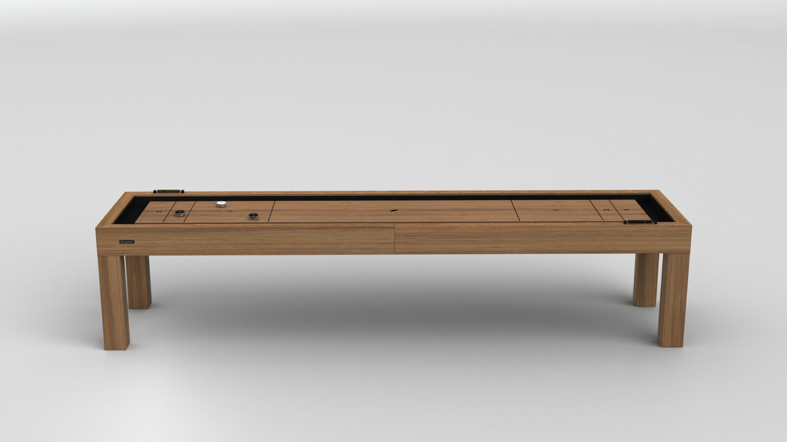 The Malibu Shuffleboard Table, featuring a smooth rectangular playing surface, sturdy four-leg design, end bumpers, and multiple pucks, is displayed against a plain white background.