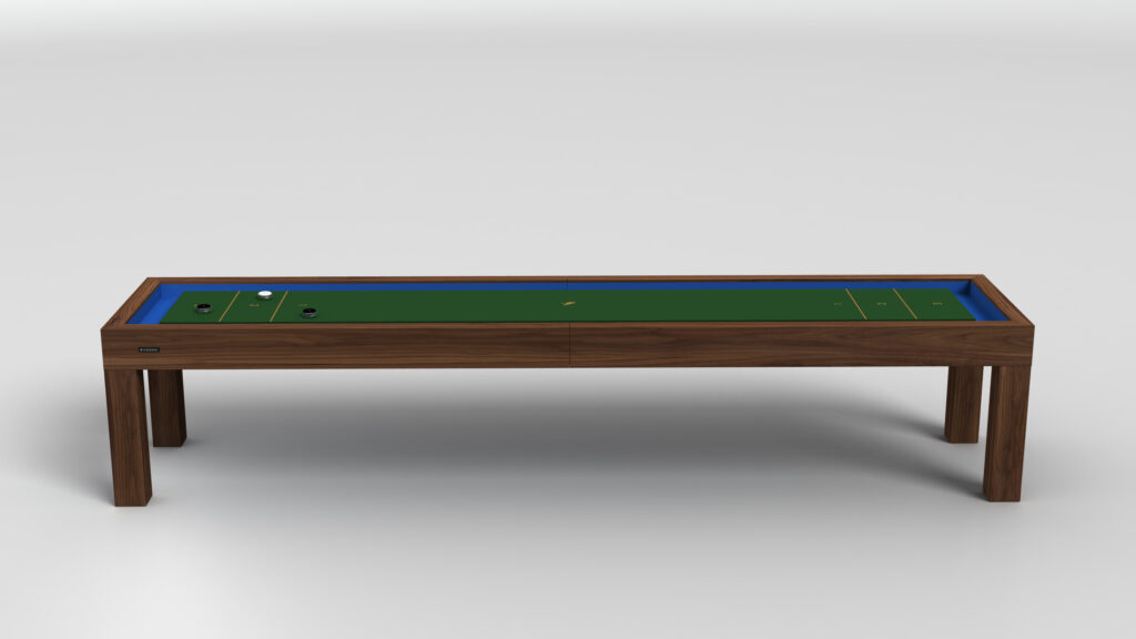 The Malibu Shuffleboard Table features a wooden frame, green and blue playing surface, three pucks, and two white balls—arranged on a plain white background.