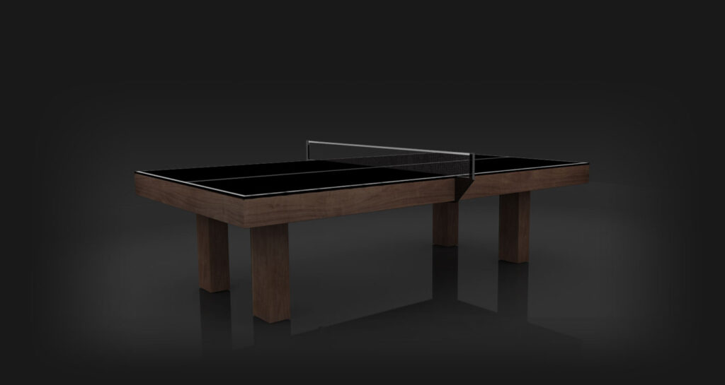 The Malibu Ping Pong Table features a sleek black playing surface, wooden legs, and a minimalist net, all set against a dark background for a modern luxury look.