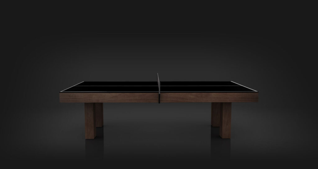 The Malibu Ping Pong Table features a sleek black playing surface and sturdy wooden legs, creating a modern luxury look against a dark background.