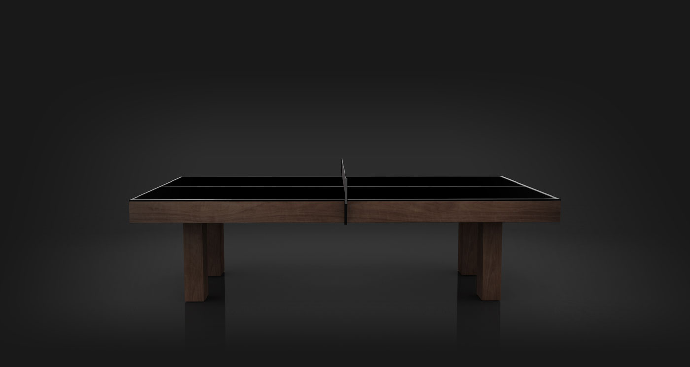 The Malibu Ping Pong Table features a sleek black playing surface and sturdy wooden legs, creating a modern luxury look against a dark background.