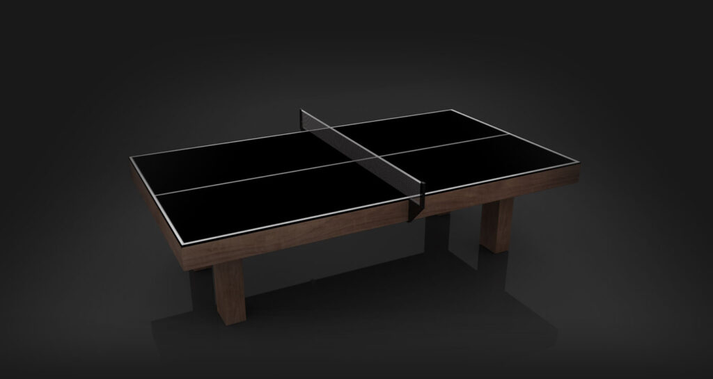 The Malibu Ping Pong Table features a modern design with a sleek black playing surface, wooden legs, and a black net, set against a dark background.