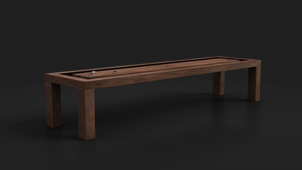 The Malibu Shuffleboard Table on a dark background highlights its smooth playing surface, minimalist design, and sturdy legs, with pucks placed for play. It exudes elegance and sophistication.