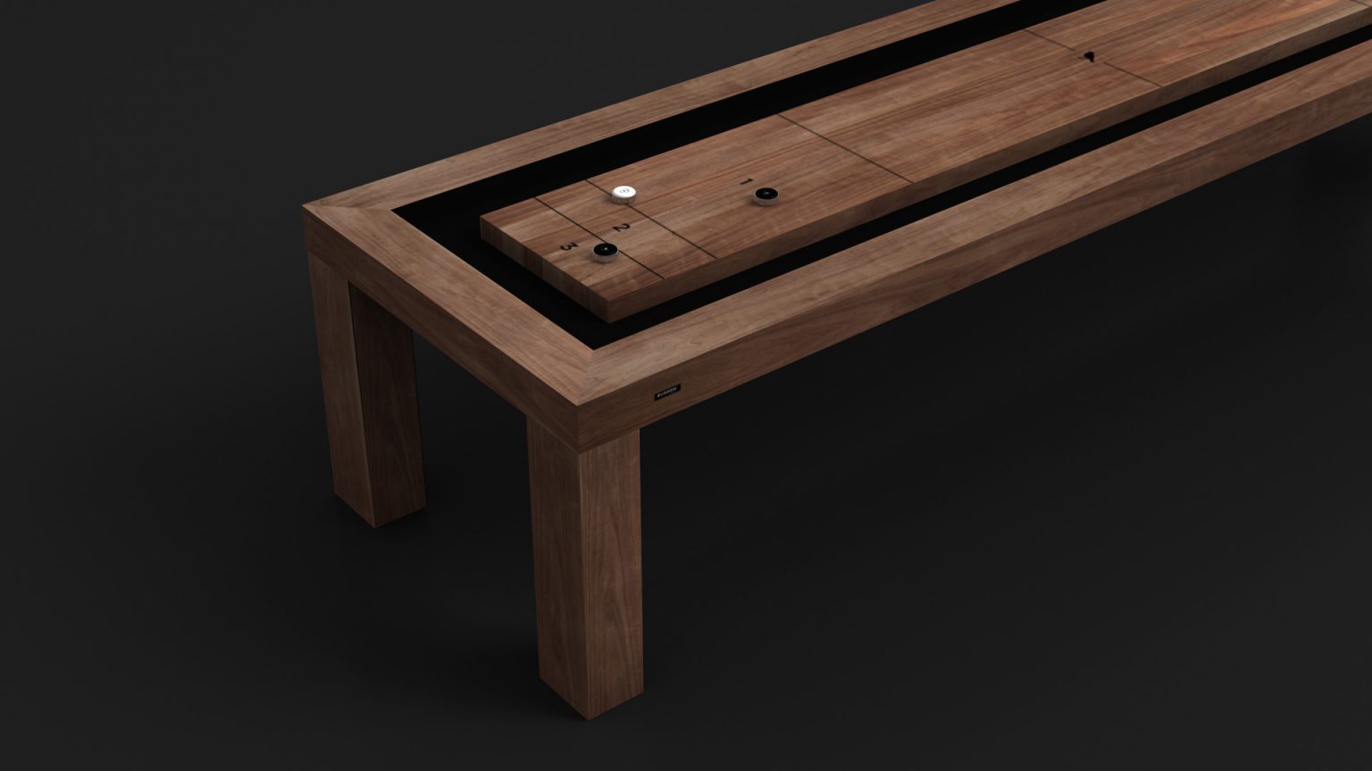 Introducing the Malibu Shuffleboard Table, a minimalistic masterpiece with a wooden design. Its polished playing surface includes pucks and scoring lines, combining style with precision against a dark backdrop.