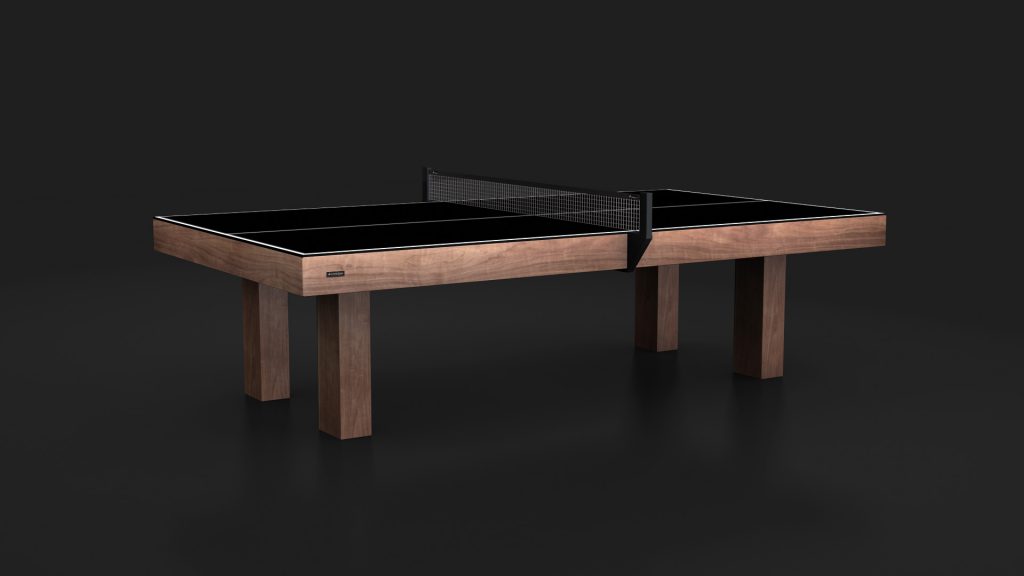 The Malibu Ping Pong Table is a luxury table tennis setup with a sleek black surface and elegant wooden frame, set against a dark backdrop. Its minimalist design features a central net, showcasing stylish design at its finest.