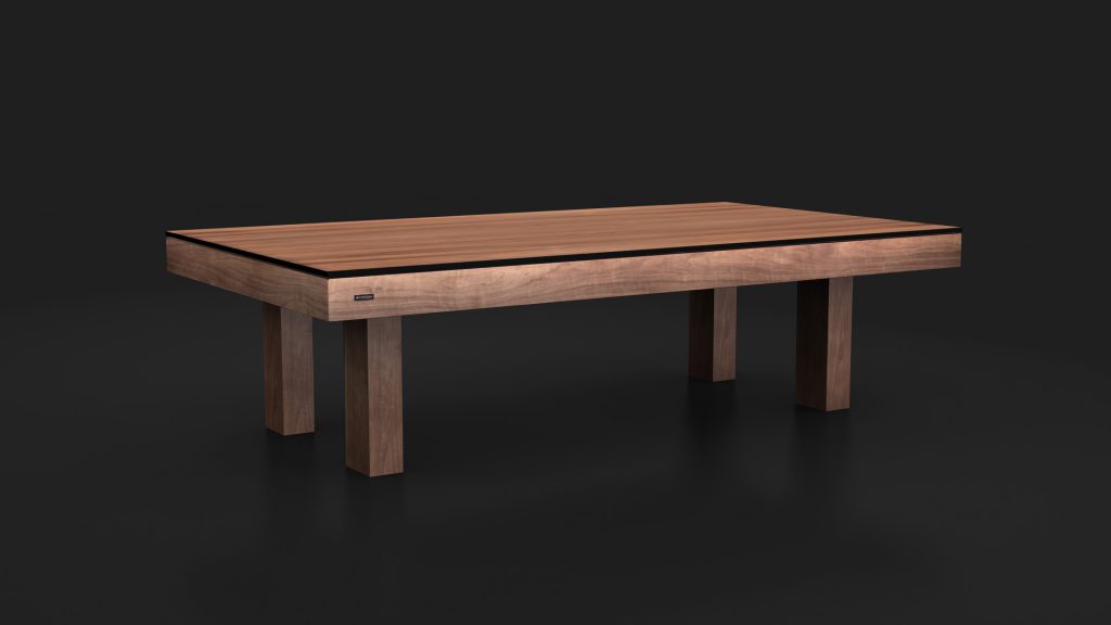 The Malibu Convertible Pool / Dining / Ping Pong Table, with its modern design, sits against a dark background, featuring a smooth surface and sturdy rectangular legs. This luxury piece effortlessly transforms between pool, dining, and ping pong modes.