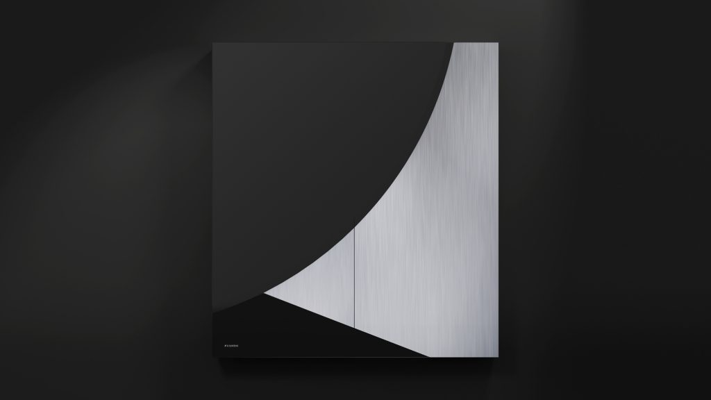 This minimalist artwork, reminiscent of a luxury Phaedra Cue Rack, showcases a geometric design with intersecting black and metallic gray shapes on a dark background. Curved and triangular forms interweave to create a sophisticated, modern aesthetic.