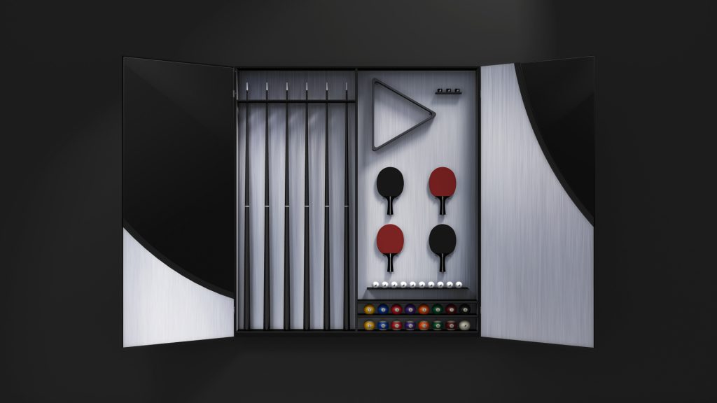 A stylish Phaedra Cue Rack showcases gaming gear—billiard balls, triangle rack, pool cues, table tennis paddles, and balls—against a dark backdrop.