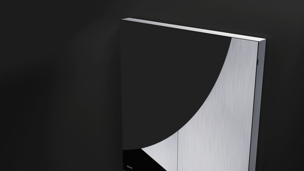 Close-up of a luxury geometric design on the Phaedra Cue Racks rectangular surface, featuring black and metallic silver. The design includes a large curved black section contrasted with sleek brushed silver against a dark background.