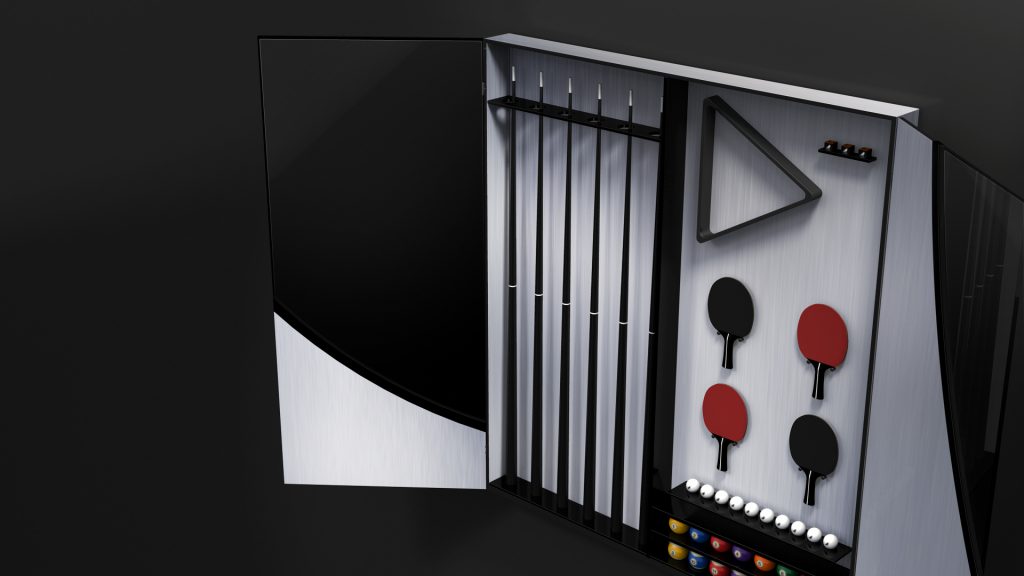 The wall-mounted Phaedra Cue Rack with an open door displays pool cues, a triangle rack, billiard balls, and table tennis paddles. The interior is organized neatly against a sleek, modern background.