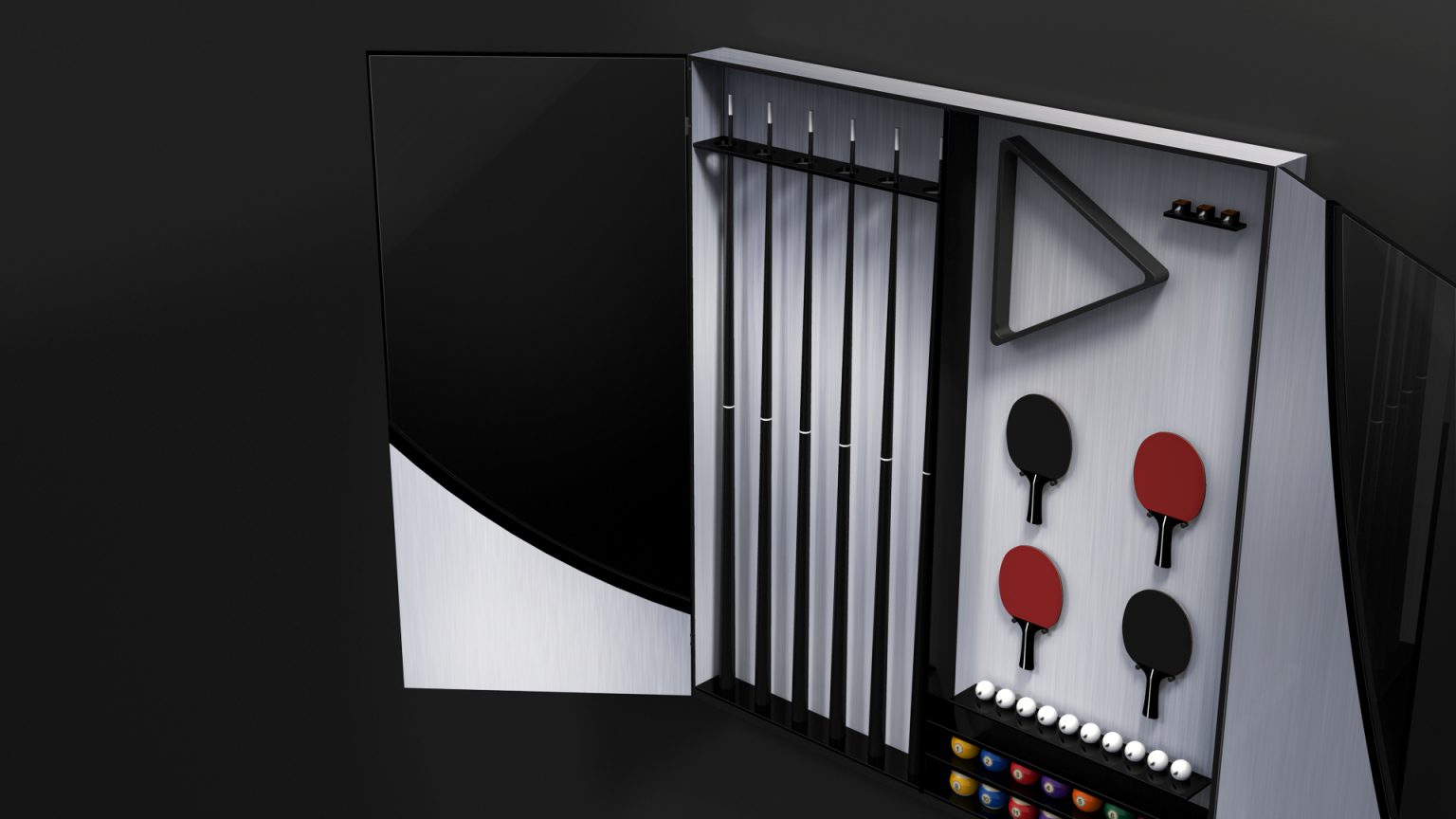 The wall-mounted Phaedra Cue Rack with an open door displays pool cues, a triangle rack, billiard balls, and table tennis paddles. The interior is organized neatly against a sleek, modern background.