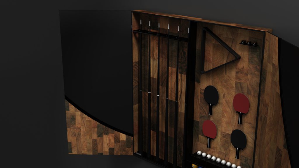 The Phaedra Cue Rack, part of the Luxury Phaedra Storage collection, features sleek dark wood for neatly displaying billiard cues, pool balls, and table tennis paddles. Its minimalist design is complemented by a black background that highlights the rich wood texture.