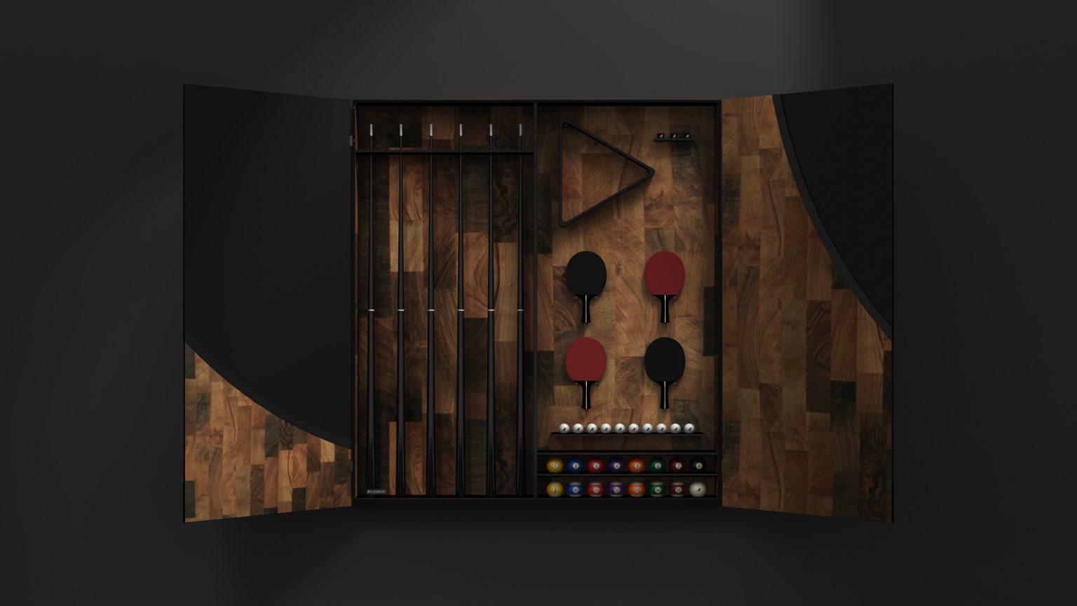 The wall-mounted Phaedra Cue Rack opens to reveal a neat collection of billiard cues, balls, and ping-pong paddles. Inside, the warm wooden finish and lighting enhance the display of these exquisite items.