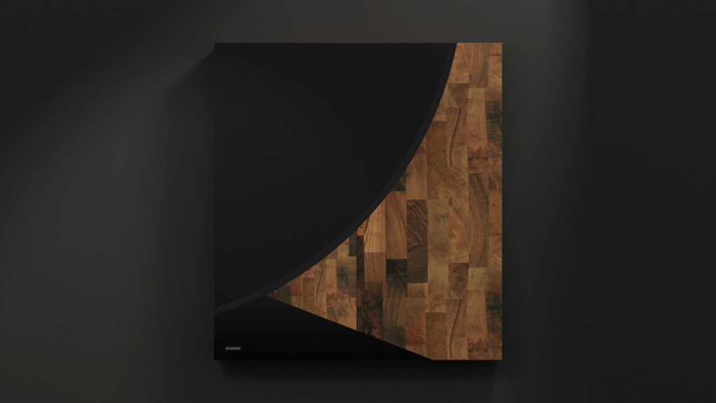 A square artwork, echoing the Phaedra Cue Racks luxury, showcases a black semicircle over diverse wood textures, creating a striking contrast. Minimalist and modern, it stands out elegantly against the dark wall.