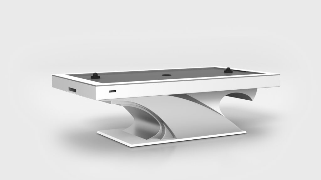 The Poseidon Air Hockey Table boasts a sleek white finish, curved base, two black strikers, and a gray playing surface with center puck, creating a modern look that stands out against any light gray background.
