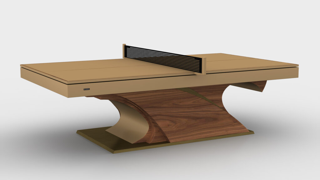 The Poseidon Ping Pong Table features a modern design with a tan playing surface, curved wooden base, and black center net, all set against a plain white background.