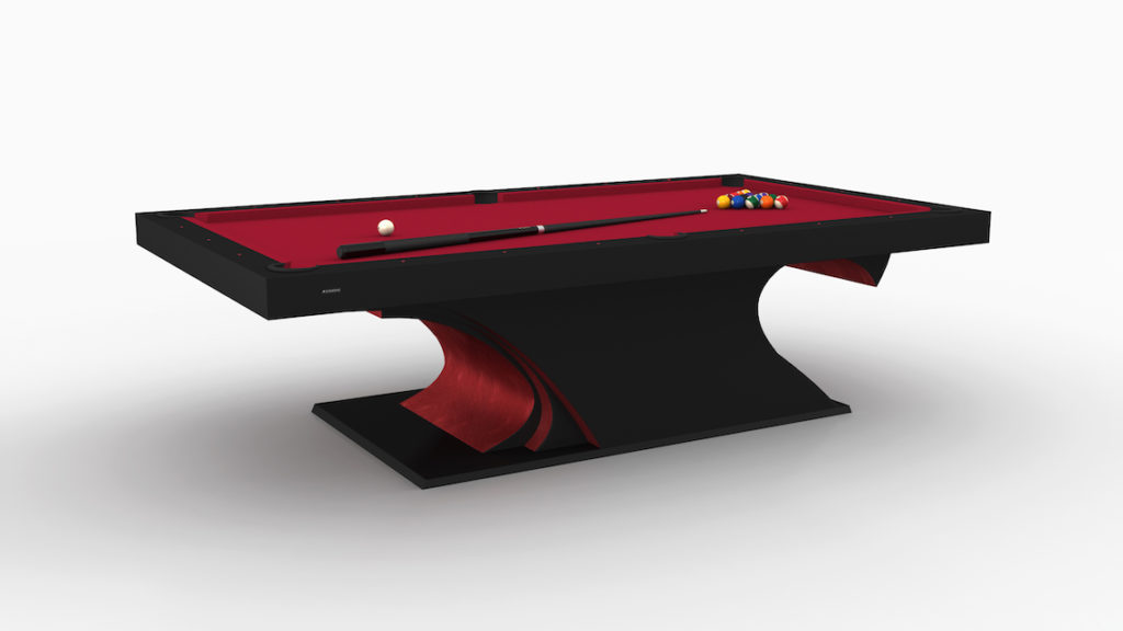 The Poseidon Pool Table is a modern luxury game table with a red felt surface and sleek black design featuring a curved base. A cue stick and billiard balls are stylishly displayed, inviting a sophisticated game.