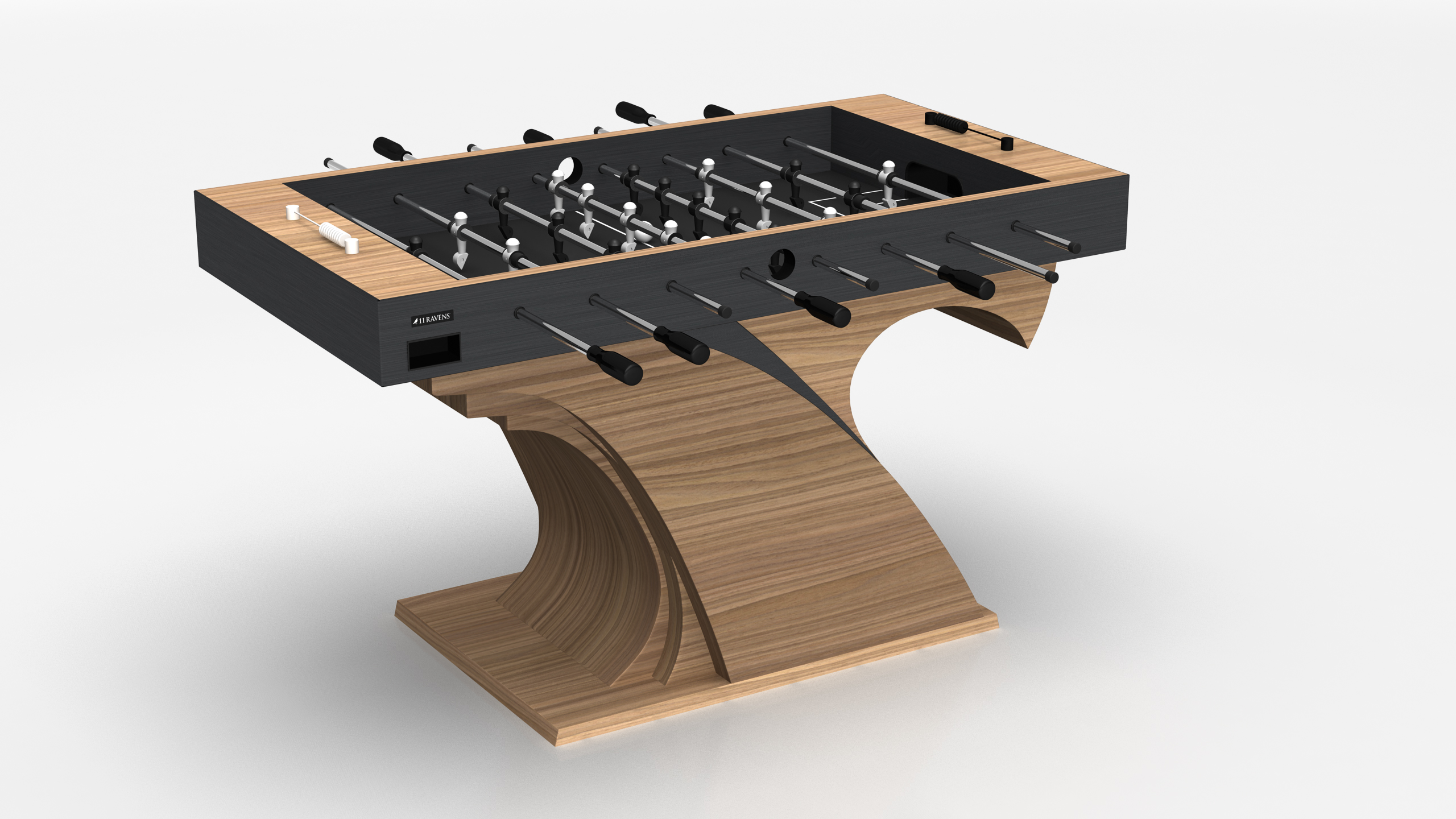 The Poseidon Foosball Table features a sleek black rectangular top, silver rods, and a sculptural wooden base with curved layers, showcased against a plain white background.