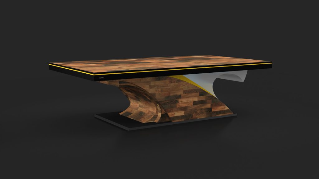 The Poseidon Convertible table combines modern design with function, featuring a smooth wood-patterned top and sculptural wooden base. Yellow accents add elegance akin to luxury game tables, all resting on a dark platform.