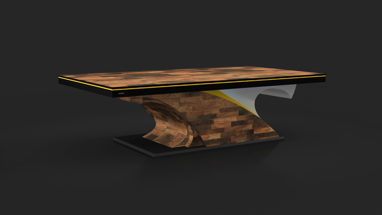 The Poseidon Convertible table combines modern design with function, featuring a smooth wood-patterned top and sculptural wooden base. Yellow accents add elegance akin to luxury game tables, all resting on a dark platform.