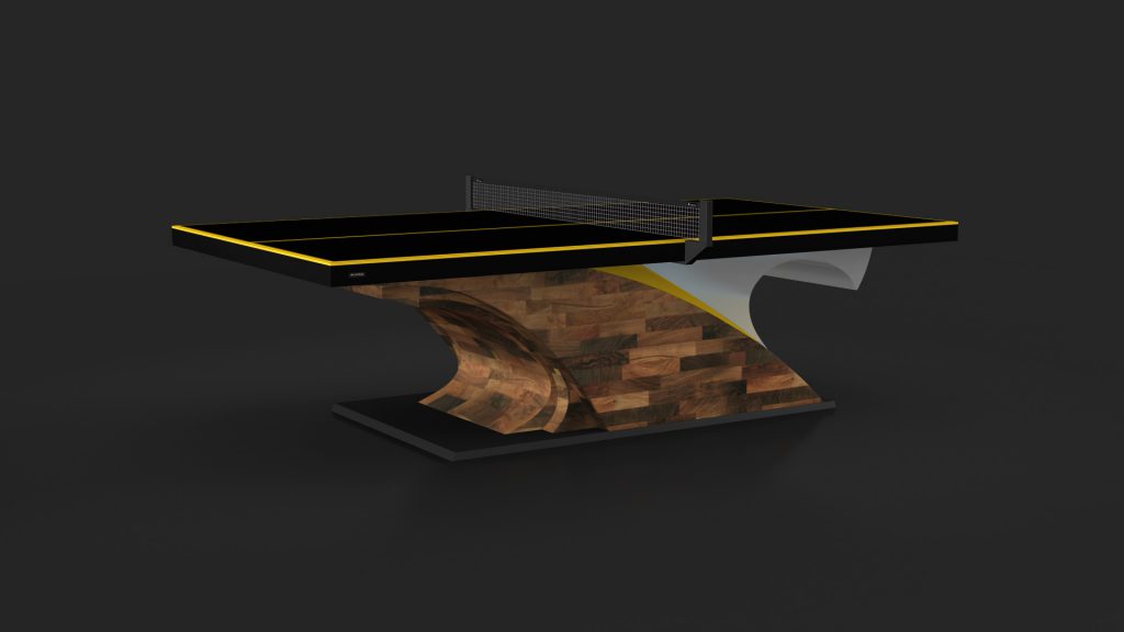 The Poseidon Ping Pong Table features a luxury modern design with a sleek black and yellow surface and a distinctive curved wooden and white base, strikingly set against a dark backdrop.
