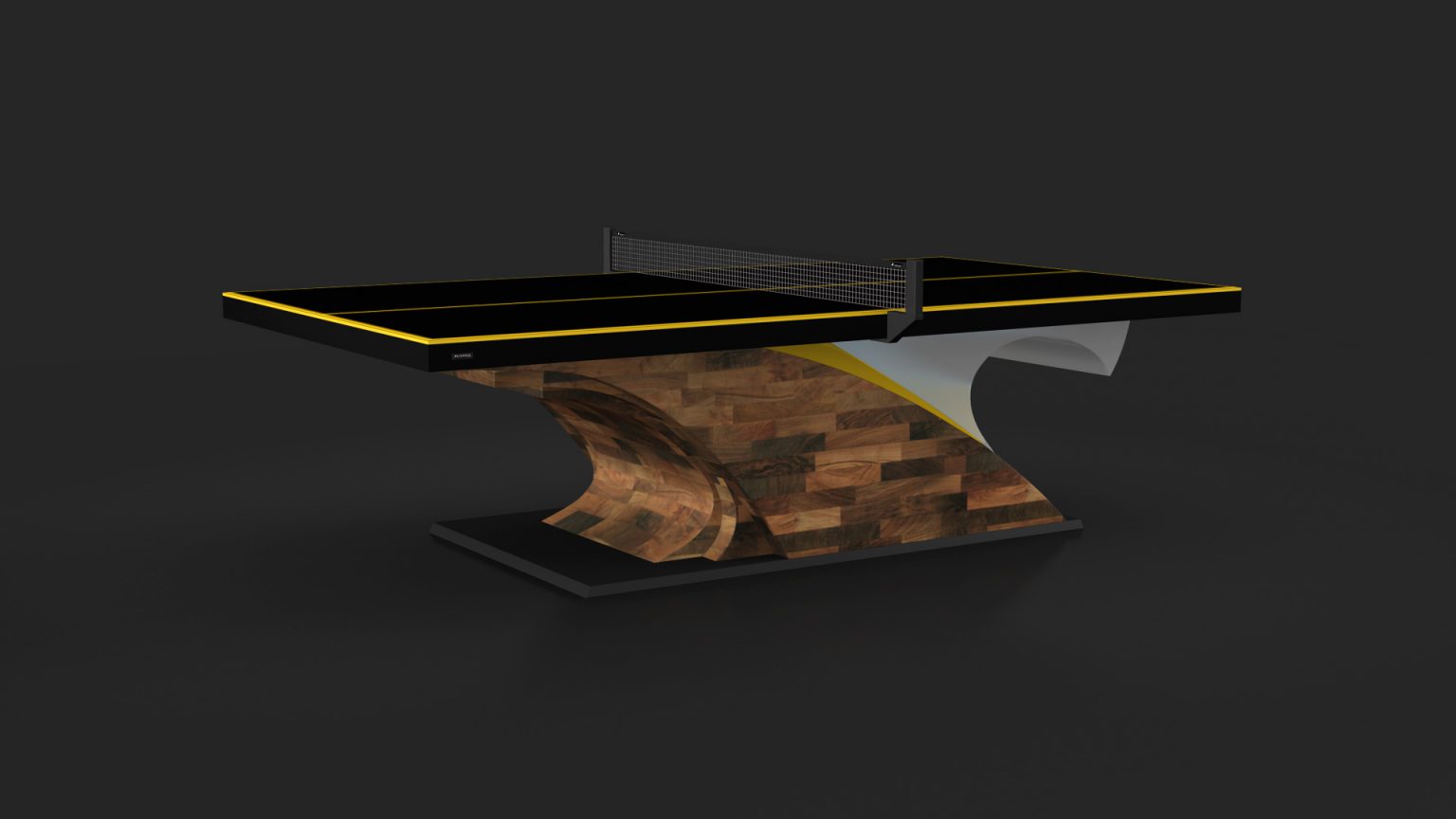 The Poseidon Ping Pong Table features a luxury modern design with a sleek black and yellow surface and a distinctive curved wooden and white base, strikingly set against a dark backdrop.