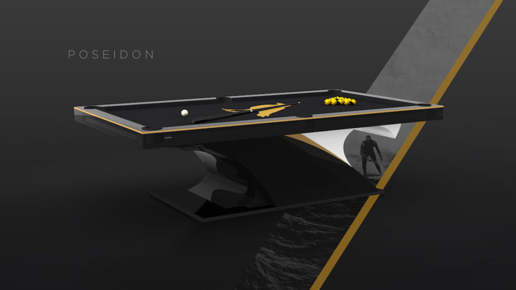 The Poseidon Pool Table, a luxurious black and gold piece, exemplifies elite luxury with its sleek, modern design. Pool balls are carefully arranged on its surface against a monochrome backdrop depicting a person by the sea.