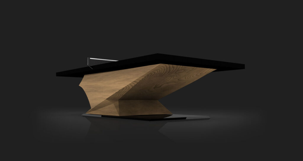A modern desk inspired by the Raven Ping Pong Table, featuring a geometric wooden base, flat black tabletop, and clean, sculptural lines set against a dark background.
