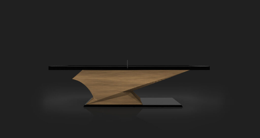 The Raven Ping Pong Table features a black rectangular top and an angular, sculptural wooden base with bold geometric lines, all set against a dark background. Its sleek design includes a black rectangular platform for a modern luxury look.