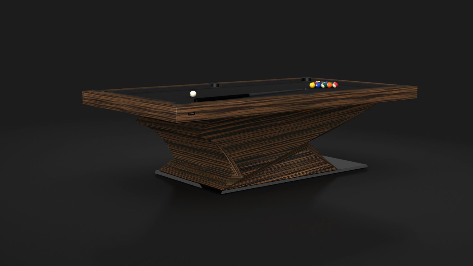 Introducing the Raven Pool Table: a modern luxury piece with a sleek geometric wooden base and sophisticated black playing surface, adorned with colored balls and a cue ball. Its elegant design against a dark gray backdrop is perfect for any upscale setting.
