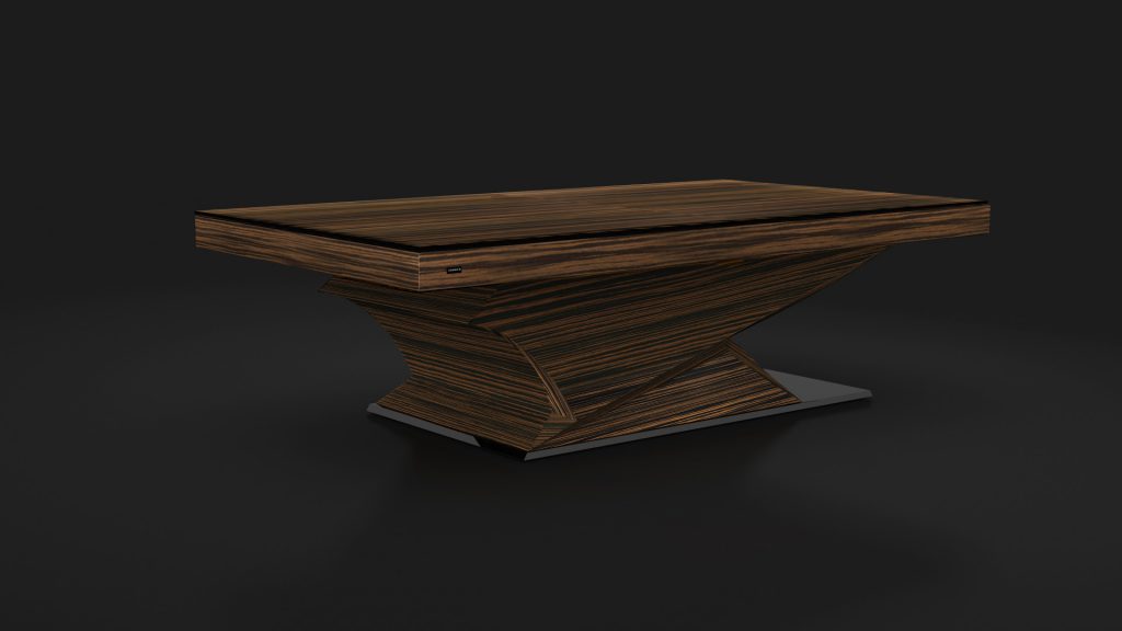 The modern rectangular coffee table, with wood grain texture and an inverted pyramid base, echoes the elegance of the Raven Convertible Pool/Dining/Ping Pong Table. Offsetting a dark background, it enhances sleek contemporary design.