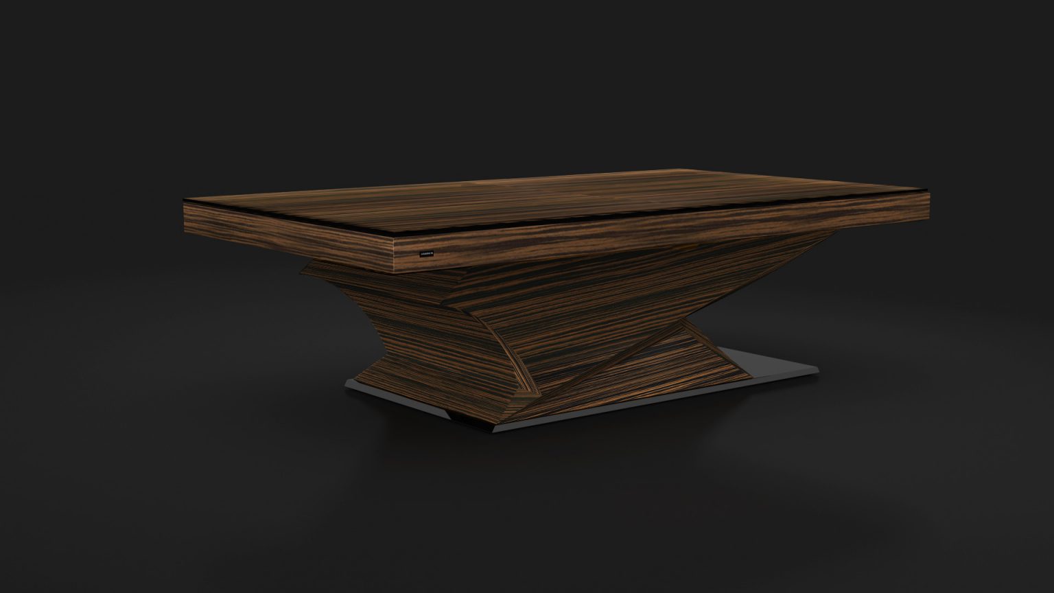 The modern rectangular coffee table, with wood grain texture and an inverted pyramid base, echoes the elegance of the Raven Convertible Pool/Dining/Ping Pong Table. Offsetting a dark background, it enhances sleek contemporary design.