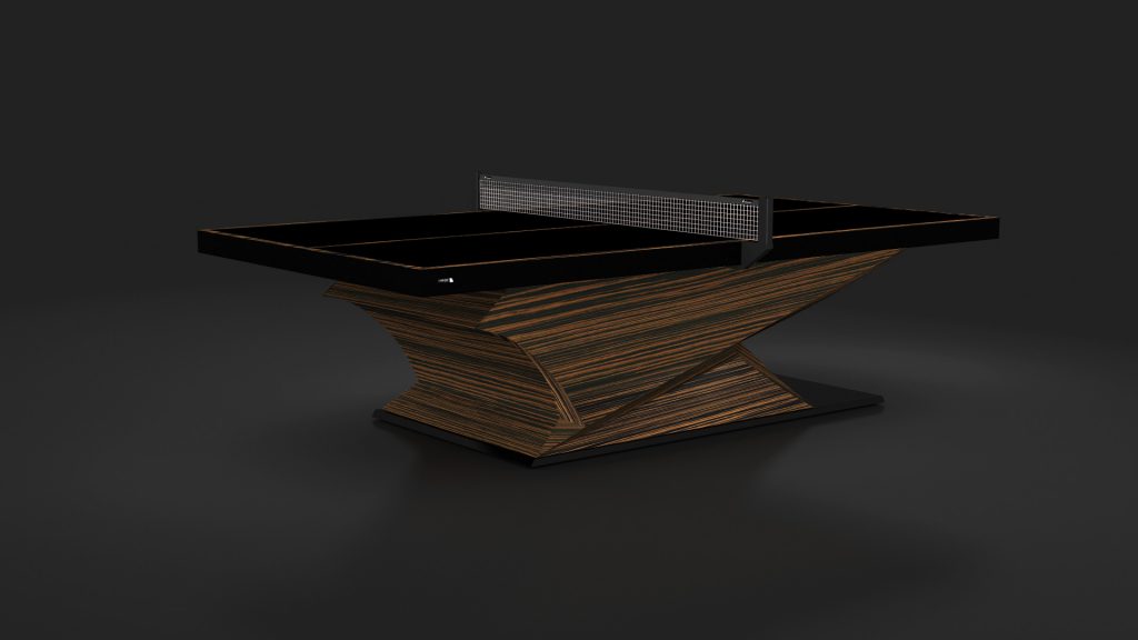 Introducing the Raven Ping Pong Table, a modern masterpiece featuring a black and wood-patterned design. With its sculptural base and refined net divider, this elegant piece stands out beautifully against a dark background.