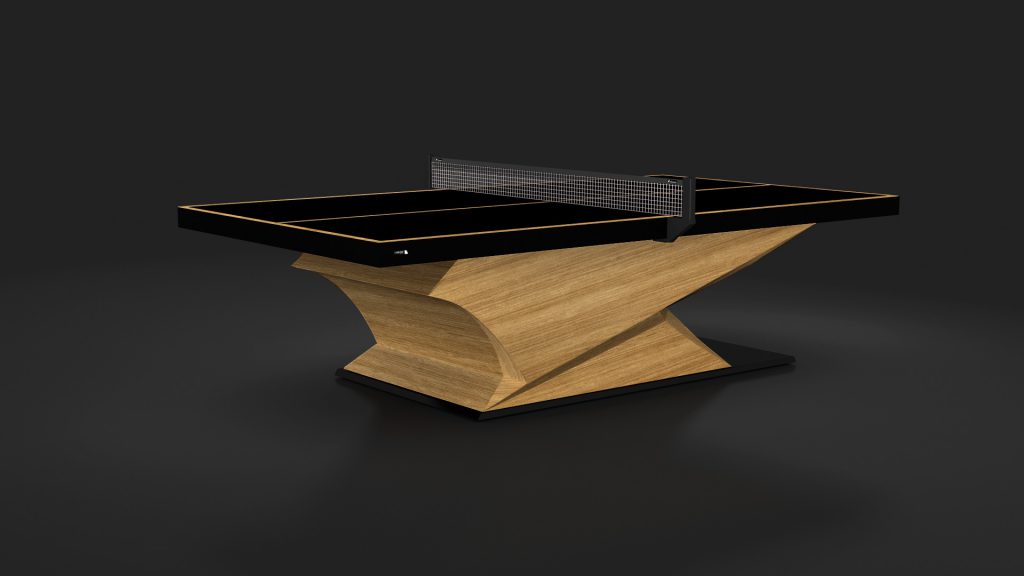The Raven Ping Pong Table boasts a modern minimalist style with a black playing surface and wooden base against a dark background, featuring clean lines and a sleek design ideal for any refined space.