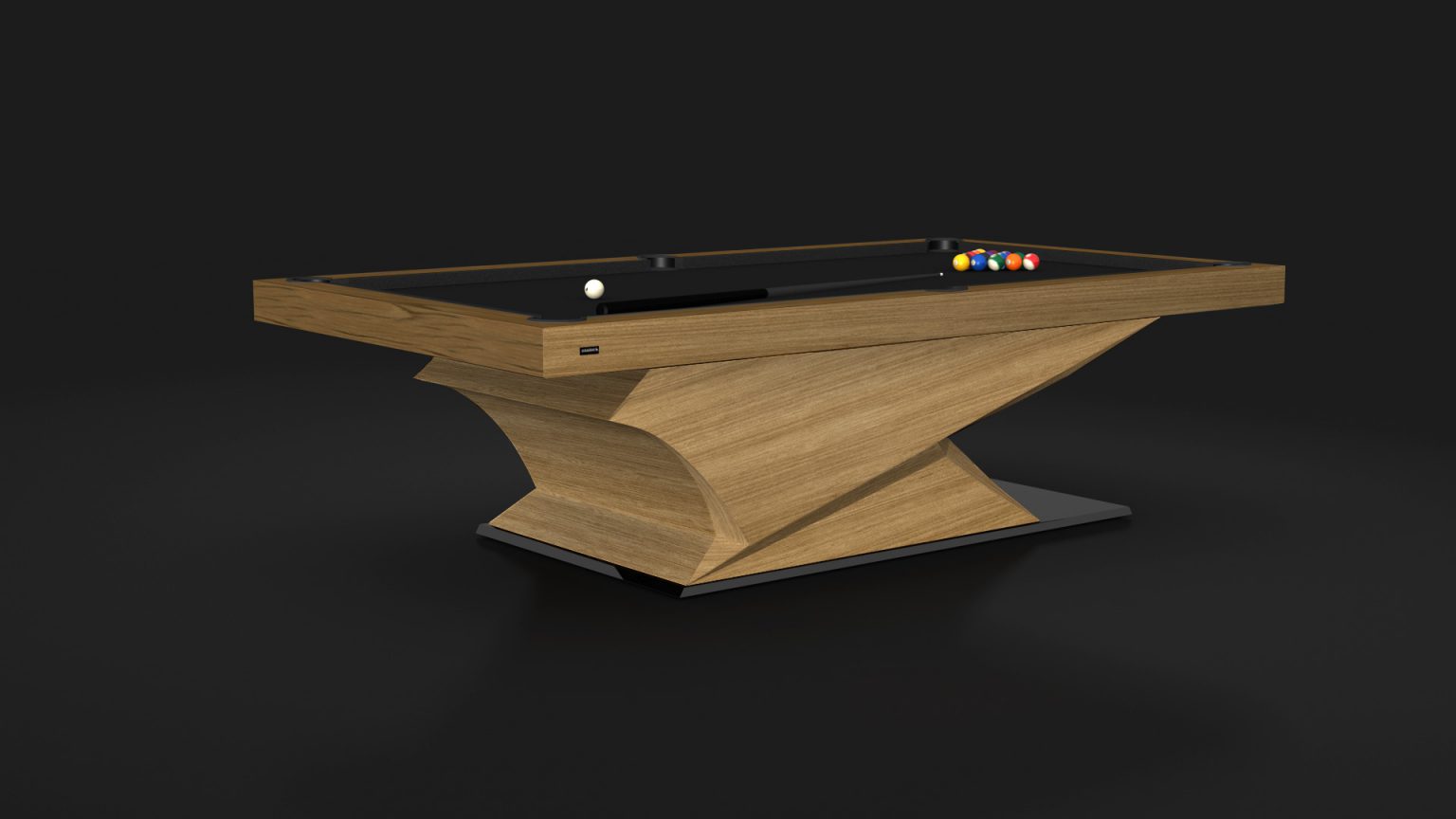 The Raven Pool Table boasts a sleek wooden base and black felt surface, with vibrant billiard balls on a dark background, offering game enthusiasts a touch of sophistication.