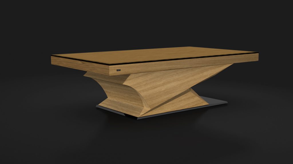 A modern luxury wooden coffee table, featuring a rectangular top and an artistic angular base, echoes the elegance of the Raven Convertible Pool/Dining/Ping Pong Table. It rests on a dark platform, set against a plain black backdrop.