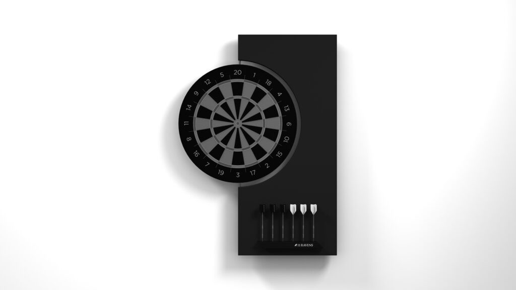 The Robin Dartboard features white numbering on a rectangular black panel. Below, four darts are arranged on a small rack, all displayed against a plain white background.