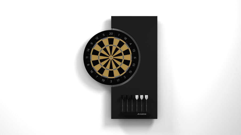 The Robin Dartboard in elegant black and gold is displayed on a rectangular backing with darts organized below, all set against a clean white background.