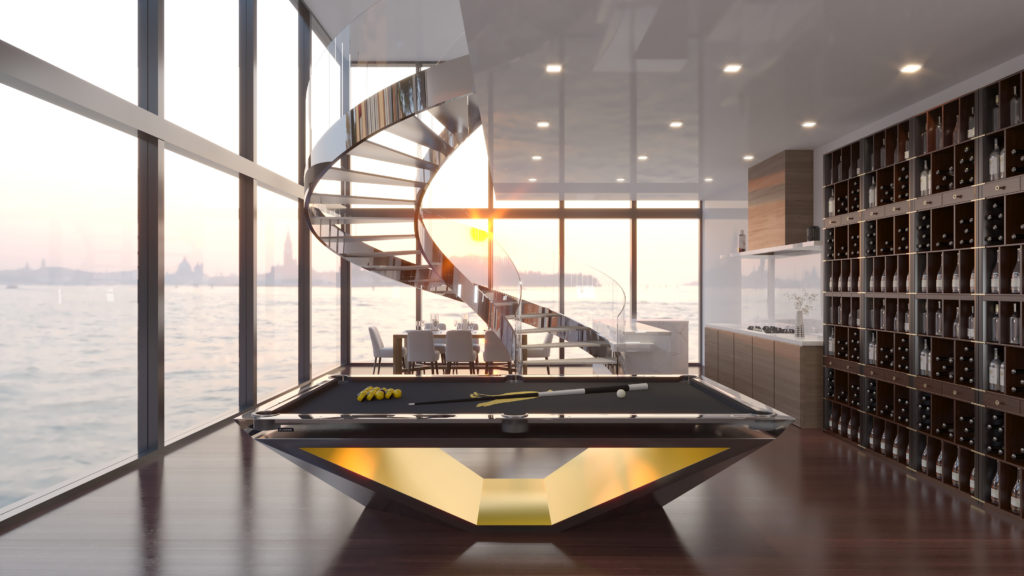 A modern, luxurious interior featuring the sleek R11 Stealth Pool Table with glowing accents, a spiral staircase, wall-mounted wine racks, and a large window showcasing a sunset over a waterfront view.