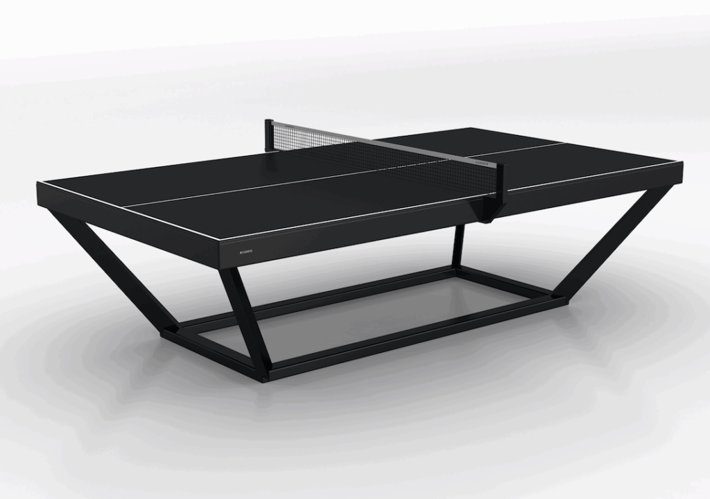 The Vitro Ping Pong Table features a modern design with a sleek, angular metal frame and a mesh net, displayed against a plain white background.