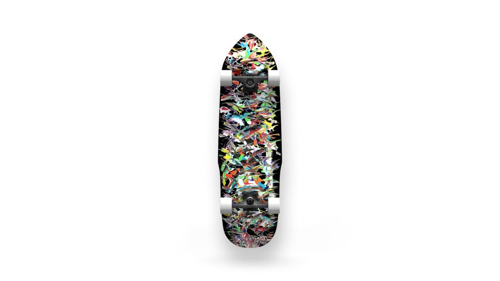 The Classic - Steve Olson Skateboard showcases a vibrant, abstract multicolored design from an overhead view, featuring splashes and splatters of red, blue, yellow, and green.