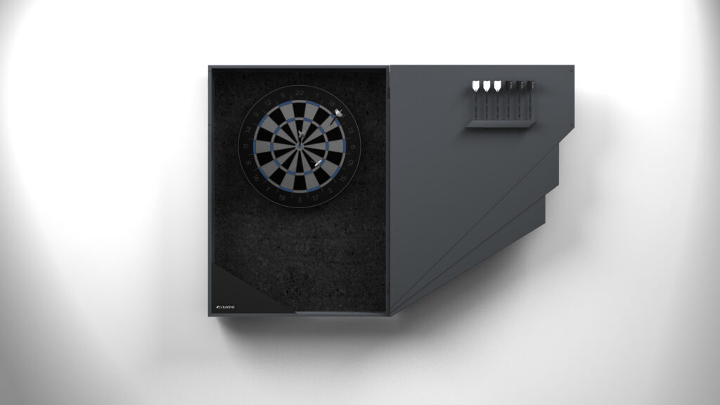 The Starling Dartboard is a modern wall-mounted cabinet with a sleek black and gray finish, offering dartboard placement on the left and storage for four darts on the right, all in a sophisticated, angular design.