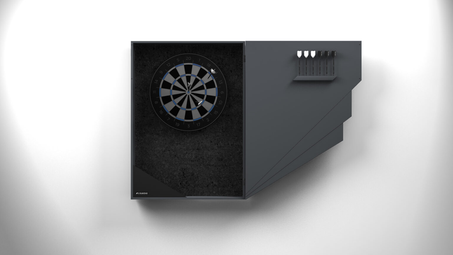 The Starling Dartboard is a modern wall-mounted cabinet with a sleek black and gray finish, offering dartboard placement on the left and storage for four darts on the right, all in a sophisticated, angular design.