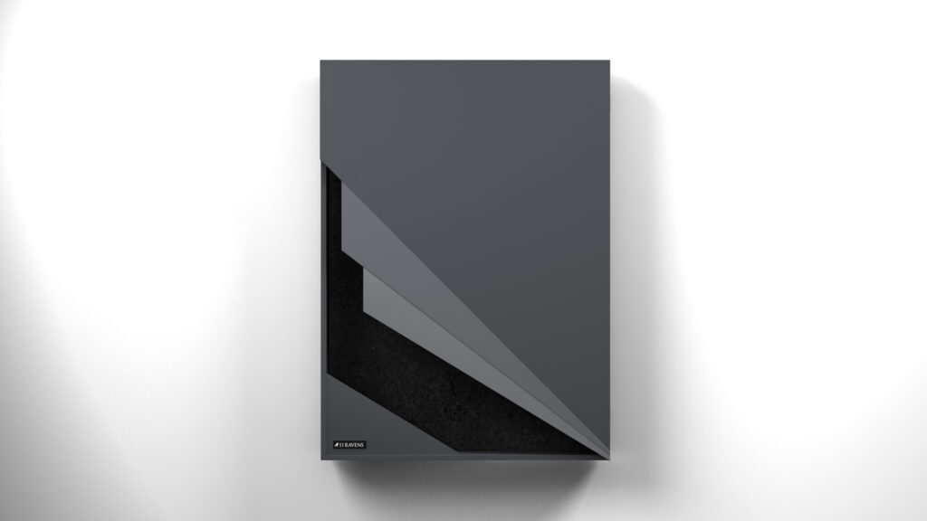 The Starling Dartboard is a modern, minimalist gray wall panel with geometric layers and sharp angles, accented by a small metal label in the bottom left corner. Its sleek design contrasts beautifully against a white background.