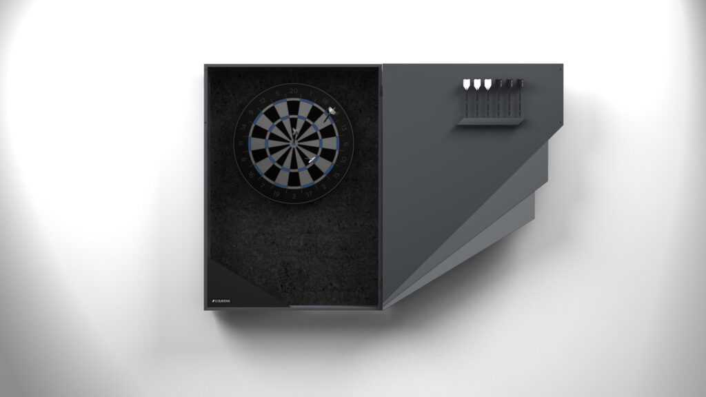 The Starling Dartboard features a sleek black board on the left and five darts stored in slots on the right, all beautifully mounted on a white wall for a modern luxury look.
